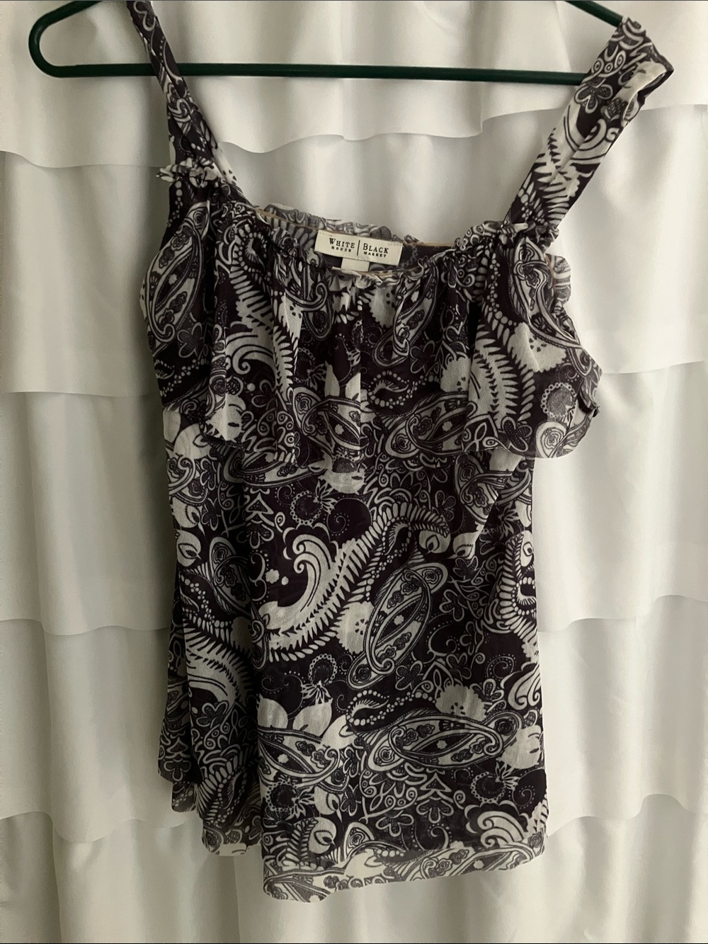 White House Black Market Black & White Paisley Ruffle Camisole